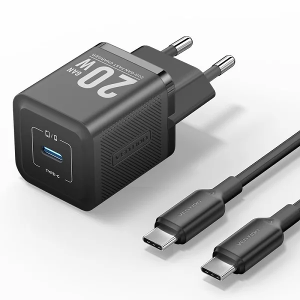 Vention Cargador de Pared GaN USB-C 20W - Cable USB-C 1m - Color Negro