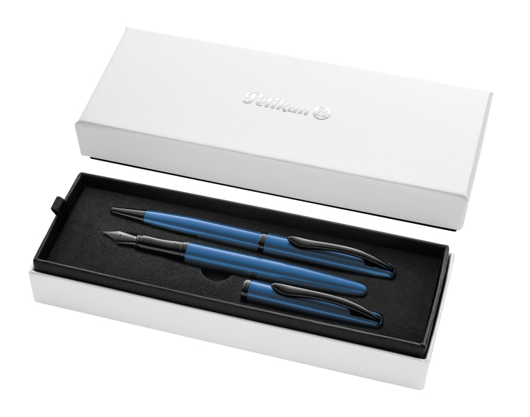 Pelikan Jazz Noble Set de Boligrafo y Estilografica - Cuerpo Satinado con Detalles Cromados - Incluye Estuche de Regalo - Color Aguamarina