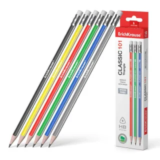Erichkrause Classic 101 Lapiz de Grafito Plastico HB Triangular con Goma de Borrar - Colores Surtidos · Pack de 12 uds.