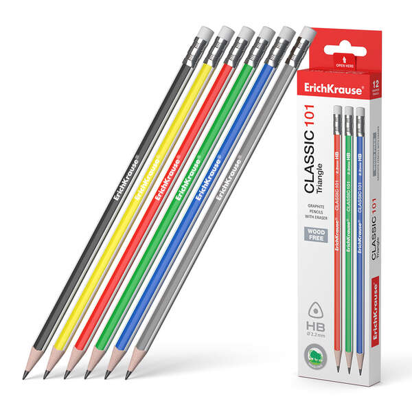 Erichkrause Classic 101 Lapiz de Grafito Plastico HB Triangular con Goma de Borrar - Colores Surtidos · Pack de 12 uds.