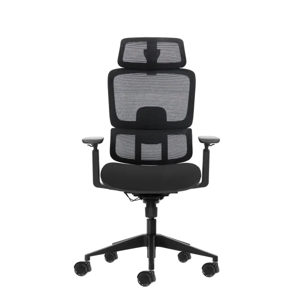 Oqonos Cherg 027 Silla de Oficina Ergonomica con Reposacabezas Cervical Ajustable, Respaldo y Asiento de Malla Elastica, Respaldo Regulable en Altura, Lumbar Ajustable, Reposabrazos 4D y Ruedas de Silicona - Negro
