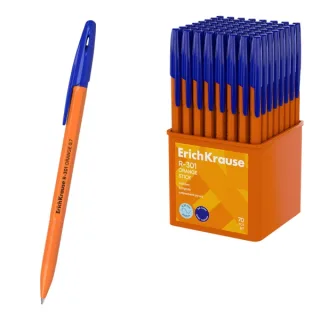 ErichKrause R-301 Stick Orange Boligrafo con Capuchon - Punta de 0.7mm - Cuerpo Opaco Naranja - Trazo 0.35mm - Tinta de Secado Rapido - Tapa Ventilada - Color Azul · Pack de 70 uds.
