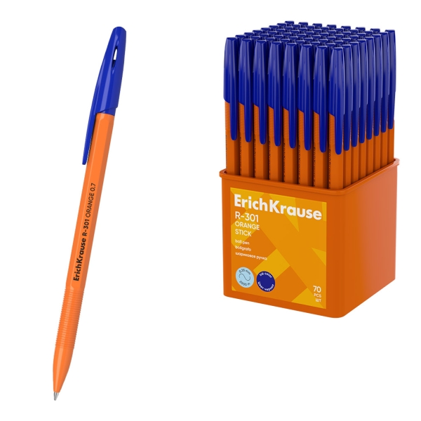 ErichKrause R-301 Stick Orange Boligrafo con Capuchon - Punta de 0.7mm - Cuerpo Opaco Naranja - Trazo 0.35mm - Tinta de Secado Rapido - Tapa Ventilada - Color Azul · Pack de 70 uds.