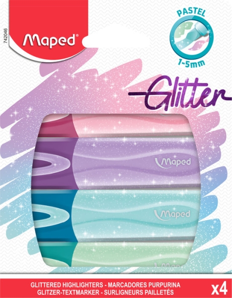 Maped Glitter Pastel Pack de 4 Marcadores Fluorescentes Pastel con Purpurina - Punta Biselada - Trazo de 1 a 5mm - Ideal para Subrayar y Resaltar - Colores Pastel con Purpurina Surtidos