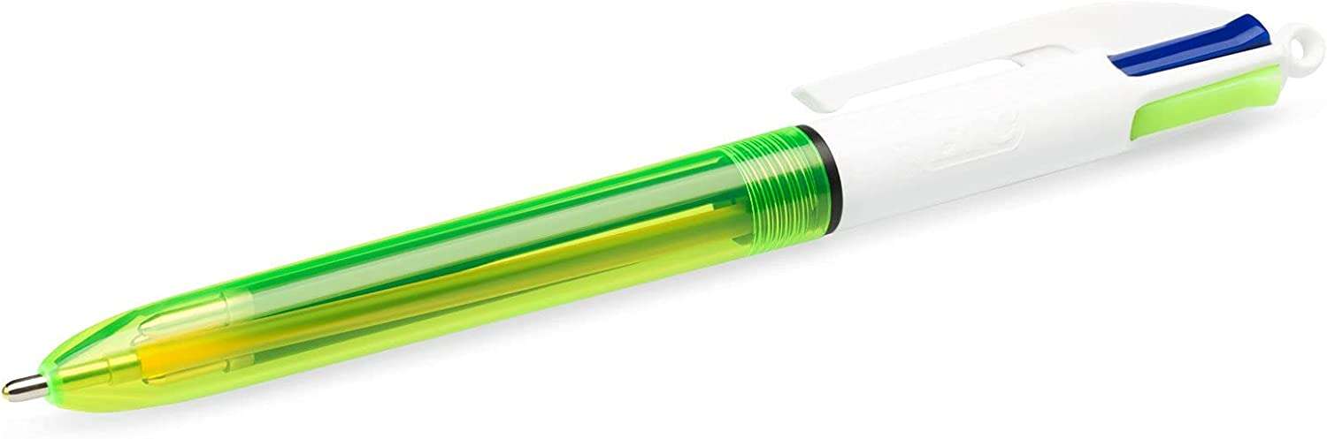 Bic 4 Colours Fluo Boligrafo de Bola Retractil - Punta Media de 1.0mm - Tinta con Base de Aceite - Tinta de Colores: Negro, Azul, Rojo y Amarillo Fluorescente · Pack de 12 uds.
