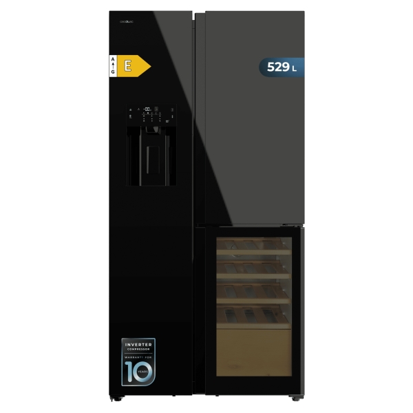 Cecotec Bolero CoolMarket TDW 529 WID Black Glass E Frigorifico Americano con Vinoteca - 529L - Compresor Inverter - Modo Vacaciones - Puerta de Cristal - Frio Envolvente - 91.1x70.6x183cm -