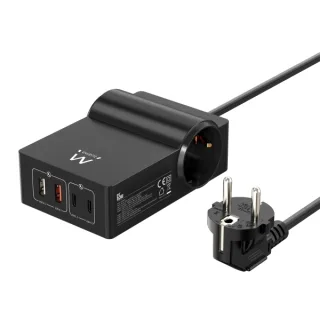 Ewent Cargador USB con 2 Tomas de Corriente Tipo Schuko 16A - 65W GaN - 2x USB-A - 2x USB-C - Cable de 1.5m - Proteccion Infantil - Proteccion contra Sobrecorriente y Sobretensiones - Color