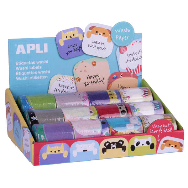 Apli Rollo de Etiquetas Washitape - 36 Etiquetas por Rollo - Faciles de Pegar y Despegar - 4 Modelos Disponibles con 6 Diseños Diferentes por Modelo · Pack de 12 uds.