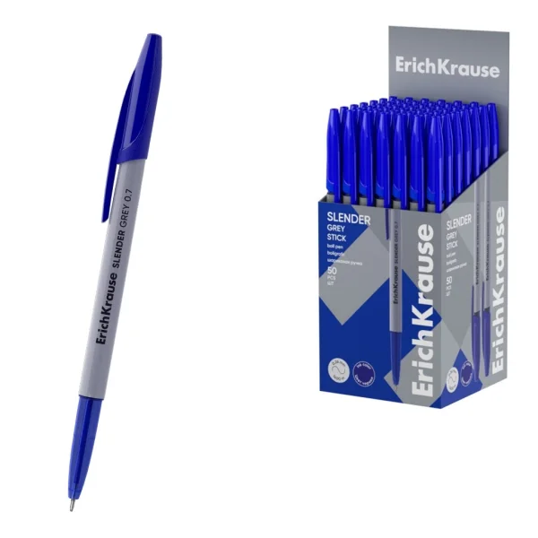 ErichKrause Slender Stick Grey Boligrafo con Capuchon - Punta de Aguja 0.7mm - Cuerpo Opaco Gris - Trazo 0.26mm - Tinta de Baja Viscosidad - Tapa Ventilada - Color Azul · Pack de 50 uds.