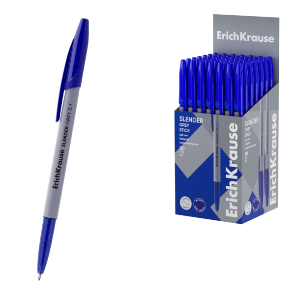 ErichKrause Slender Stick Grey Boligrafo con Capuchon - Punta de Aguja 0.7mm - Cuerpo Opaco Gris - Trazo 0.26mm - Tinta de Baja Viscosidad - Tapa Ventilada - Color Azul · Pack de 50 uds.