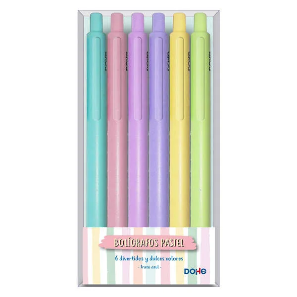 Dohe Pack de 6 Boligrafos Retractiles - Punta Bola Metalica de 1mm - Trazo de 0,4mm - Tinta Azul - Cuerpo en Tonos Pastel Surtidos