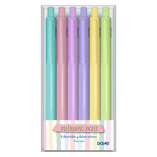 Dohe Pack de 6 Boligrafos Retractiles - Punta Bola Metalica de 1mm - Trazo de 0,4mm - Tinta Azul - Cuerpo en Tonos Pastel Surtidos