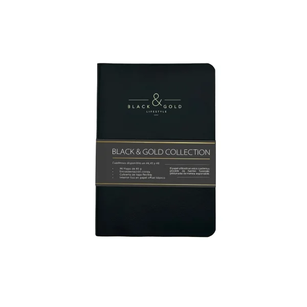 Dohe Black & Gold Cuaderno con Encuadernacion Cosida A5 - 96 Hojas Lisas de 80g - Tapa Flexible Forrada en Polipiel - Color Negro