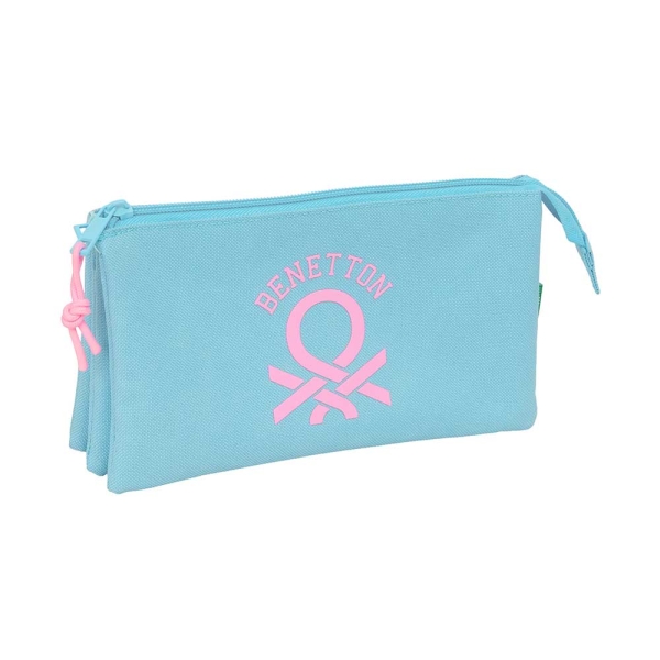 Safta Benetton Basics Celeste Portatodo - 3 Compartimentos con Cremalleras - Bolsillo Interior - 0.6L - 220x30x120mm - Color Azul Claro