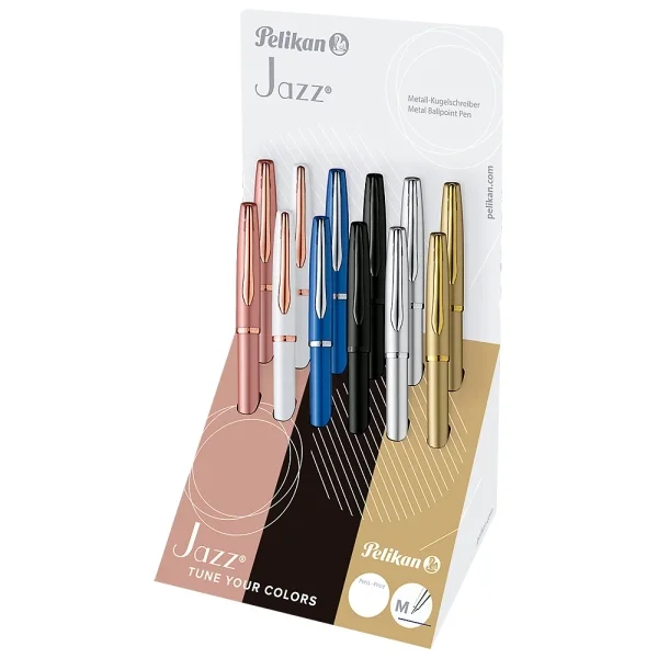 Pelikan Sfera Jazz Noble Elegance Expositor con 12 Boligrafos con Mecanismo de Giro - Punta Media - Diseño Elegante y Sofisticado - Incluye Estuche de Regalo