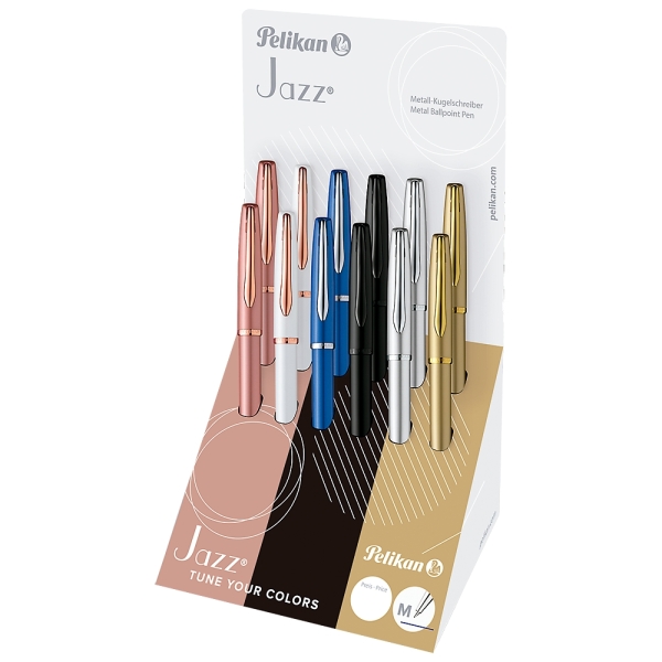 Pelikan Sfera Jazz Noble Elegance Expositor con 12 Boligrafos con Mecanismo de Giro - Punta Media - Diseño Elegante y Sofisticado - Incluye Estuche de Regalo