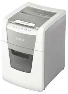 Leitz IQ 100 Autofeed P4 Destructora Automatica de Papel Corte en Particulas P-4 - Autoalimentacion 100 Hojas, Manual 8 Hojas - Capacidad de la Papelera de 34L - Color Blanco/Gris