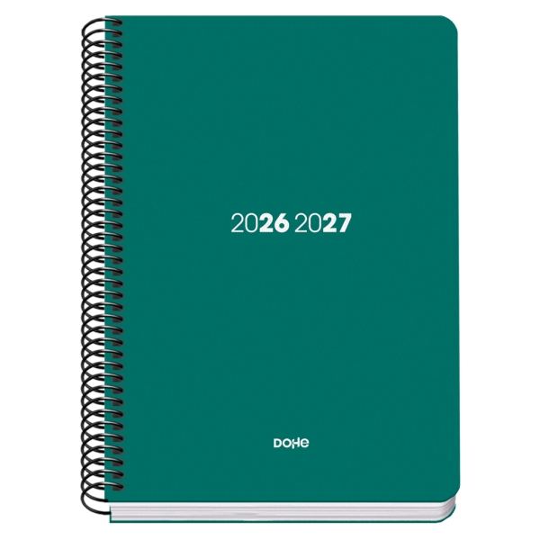 Dohe Basic Element Agenda Escolar 26/27 - Formato A5 - Semana Vista - Papel Offset Ahuesado 70g - Cubierta de Carton Plastificado - Espiral Metalica - Goma - 15x21x2cm - Color Verde