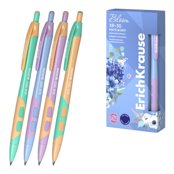 Erichkrause Bloom XR-30 Matic&Grip Pastel Boligrafo Retractil - Punta de Bola 0.7mm - Trazo de 0.35mm - Tinta Azul - Grip de Agarre - Cuerpo en Colores Pastel · Pack de 12 uds.