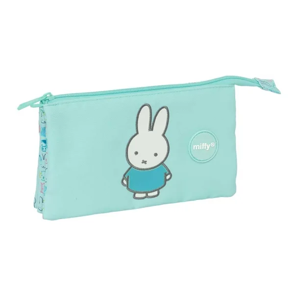 Safta Miffy Friends Portatodo - 3 Compartimentos con Cremalleras - Bolsillo Interior - Resistente al Agua - Material Reciclado - 0.6L - 220x30x120mm - Color Azul Claro