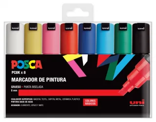 Posca PC-8K/8C Estuche de 8 Marcadores de Pintura - Punta Biselada Acrilica 8mm - Tinta Base al Agua - Resistente a la Luz - Color Surtido