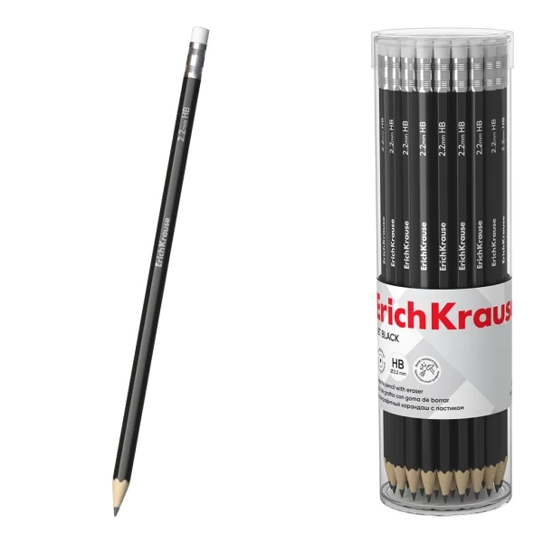 ErichKrause Jet Black 101 Lapiz de Grafito con Goma de Borrar - Mina HB - Cuerpo Hexagonal - Color Negro · Pack de 42 uds.