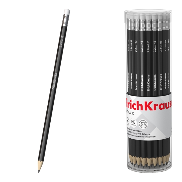 ErichKrause Jet Black 101 Lapiz de Grafito con Goma de Borrar - Mina HB - Cuerpo Hexagonal - Color Negro · Pack de 42 uds.