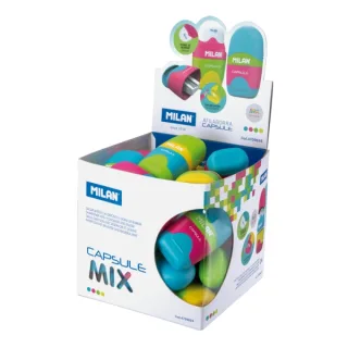 Milan Capsule Mix Expositor con 24 Afilaborras - Goma Miga de Pan - Deposito Integrado - Cuchilla de Acero de Seguridad - Colores Surtidos