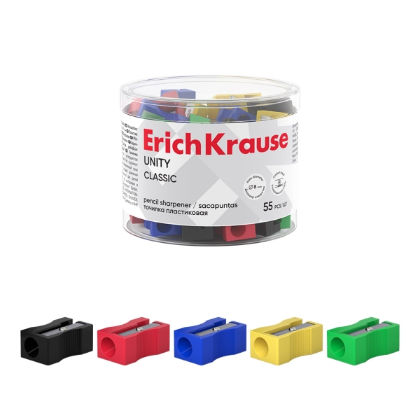 ErichKrause Unity Sacapuntas de Plastico - Cuchilla Niquelada de Acero al Carbono - Orificio de 8mm - Colores Surtidos · Pack de 55 uds.