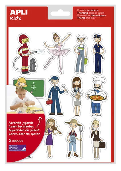Apli Bolsa de Gomets Tematicos las Profesiones - 36 Gomets en 3 Hojas - Ilustraciones Educativas - Adhesivo Removible - Adhesivo Base Agua - Libre de Disolventes - Color Variado