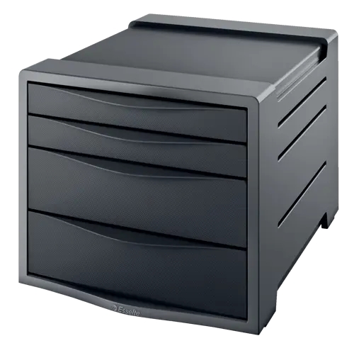 Esselte Europost Vivida Buc de 4 Cajones - 2 Medidas de Cajon - Deslizamiento Suave - Base con Goma Antideslizante - Color Gris/Negro