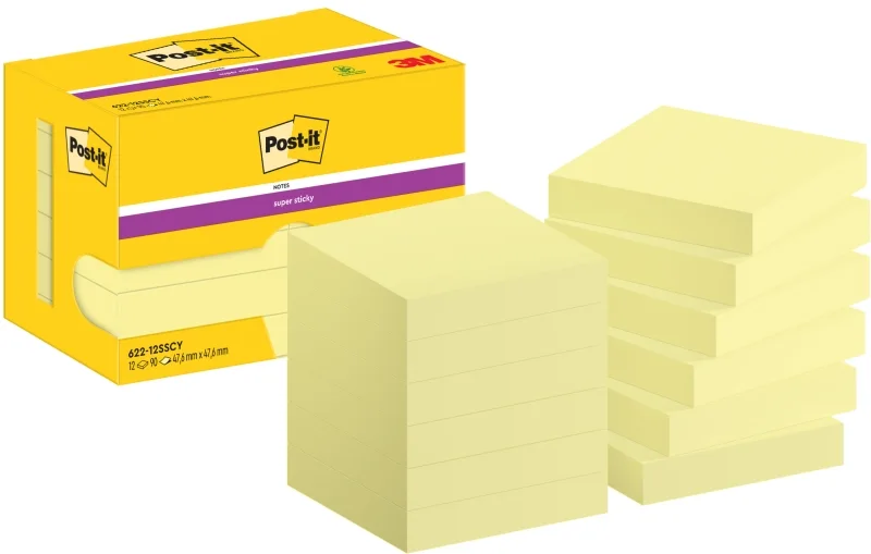 Post-It Super Sticky Pack de 12 Blocs de 90 Pack de 12 Blocs de 90 Notas Adhesivas Reposicionables - 47.6x47.6mm - Color Amarillo Claro