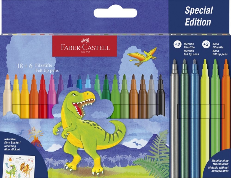Faber-Castell Edicion Dinosaurios Pack de 24 Rotuladores de Colores - 18 Colores Clasicos + 3 Colores Metalizados + 3 Colores Neon - Incluye Pegatinas de Dinosaurios - Tinta a Base de Agua -