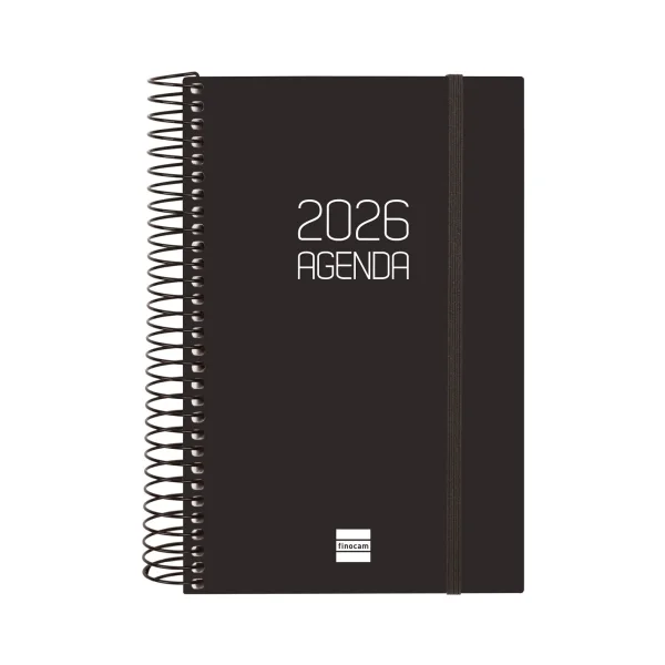 Finocam Opaque Agenda de Espiral en Catalan - Anual 2026 - Tapa Ligera - Cierre con Goma Elastica - Formato E5 - 135x24x181mm - 1 Dia por Pagina - Color Negro