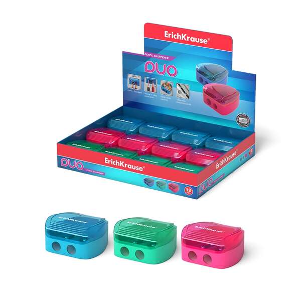 Erichkrause Duo - Sacapuntas Doble de Plastico - Contenedor para Virutas - Colores Neon - Diametro de 8mm - Cuchilla de Acero al Carbono - Surtido · Pack de 12 uds.