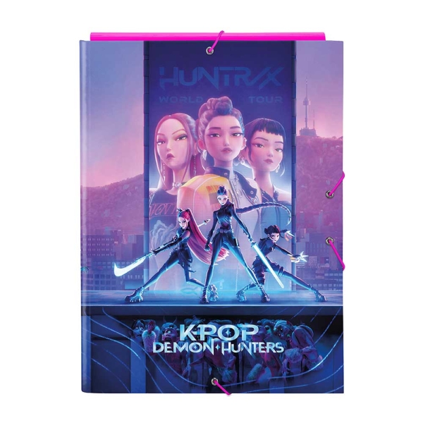 Safta K-Pop Demon Hunters Carpeta de 3 Solapas - Formato Folio - Cierre con Gomas Elasticas - Tapas Duras Forradas - 26x33.5x2.5cm - Multicolor