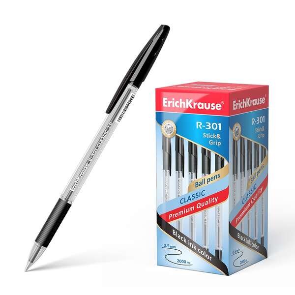 Erichkrause R-301 Stick&Grip Boligrafo de Bola Punta 1.0mm - Trazo 0.5mm - Agarre con Grip de Goma - Tinta de Secado Rapido - Cuerpo Transparente - Capuchon Ventilado - Color Negro · Pack de 50 uds.
