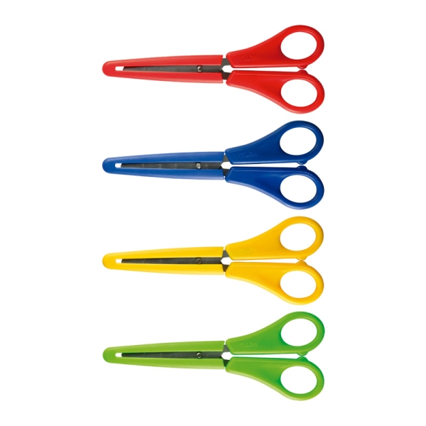 Milan Tijeras con Funda - Regla Integrada de 5cm - Punta Redondeada - Acero Inoxidable de 14.7cm - Colores Surtidos · Pack de 10 uds.