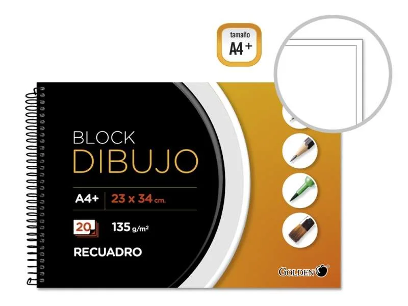 Golden Cuaderno de Dibujo A4+ con 20 Hojas - Papel de 135gr - Recuadro Interior Tamaño A4