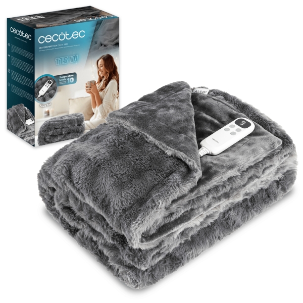 Cecotec HeatConfort Noa Manta Electrica - 115W - Apagado Automatico - Piel Sintetica y Franela - 10 Niveles de Calor - Control LCD Extraible - Lavado Facil - 160x130cm - Color Gris Oscuro
