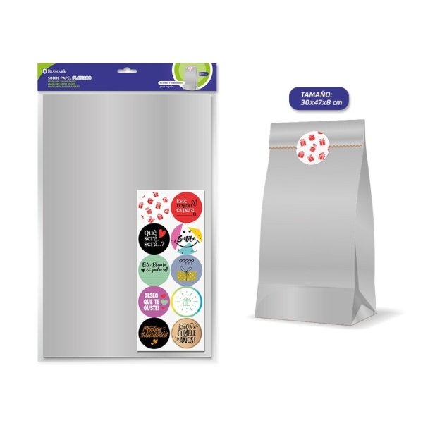Bismark Pack de 10 Sobres Papel Kraft 50grs con 10 Pegatinas para Cierre - Medidas 30x47x8cm - Ideal para Regalos - Color Plata