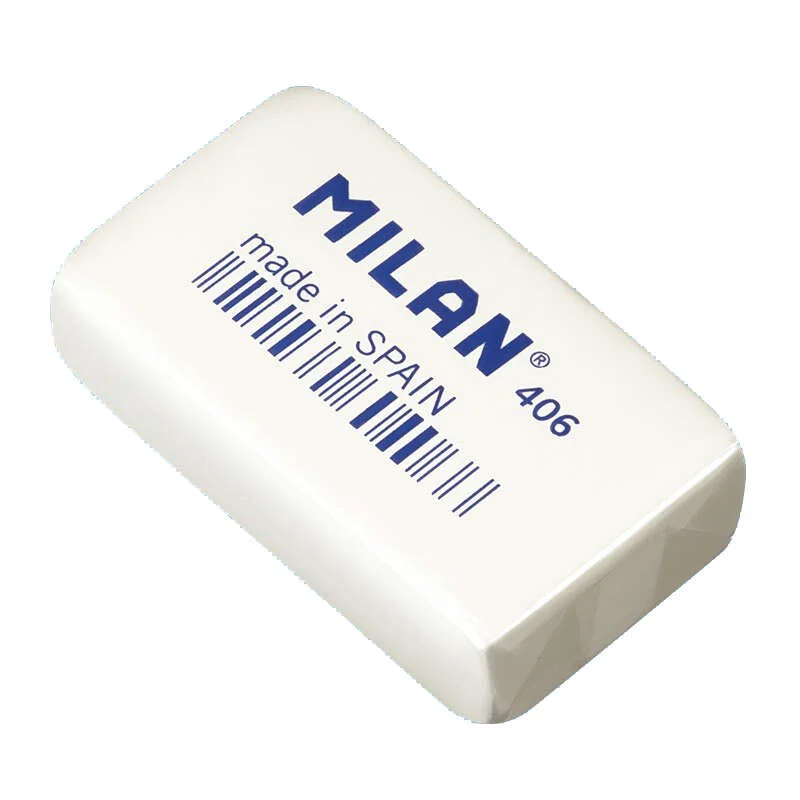 Milan 406 Goma de Borrar de Gran Tamaño Rectangular - Miga de Pan - Caucho Sintetico - Envuelta Individualmente - Color Blanco · Pack de 6 uds.