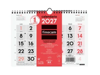 Finocam Neutro Calendario de Pared - Anual 2027 - Mes Vista - Formato S - 210x150mm - Espiral Doble - Papel de 120g/m2 - Numeros Grandes - Color Rojo y Blanco