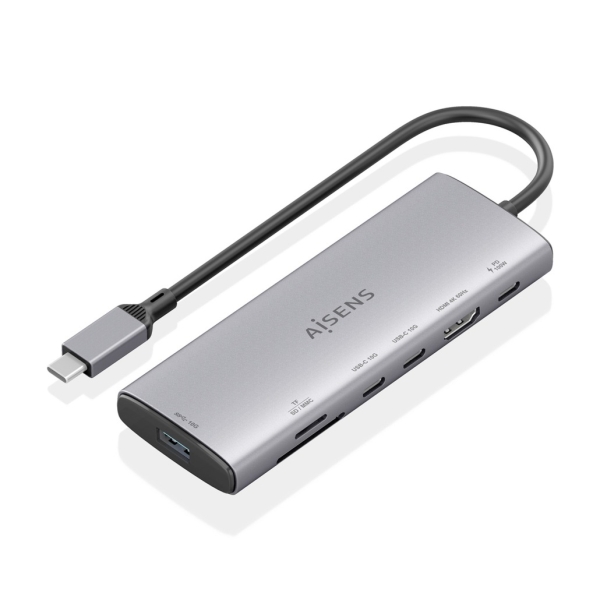 Aisens USB-C Dock 7 en 1 - USB-C a 1xHDMI - 1xUSB-A 10G - 2xUSB-C 10G - 1xSD - 1xMicroSD - 1xUSB-C PD 100W - 20cm - Color Gris