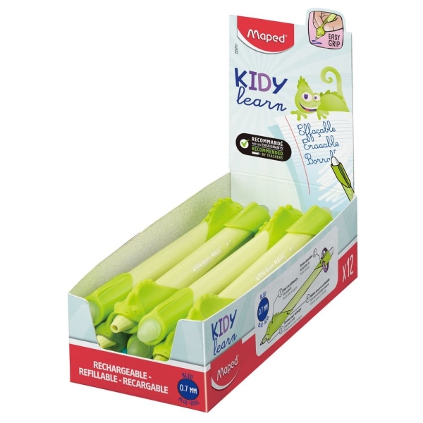 Maped Kidy Lern Magic Boligrafo Borrable con Guia para Dedos - Modelo Camaleon - Tinta Color Azul - Recomendado para Niños de 4 a 10 Años - Color Amarillo · Pack de 12 uds.