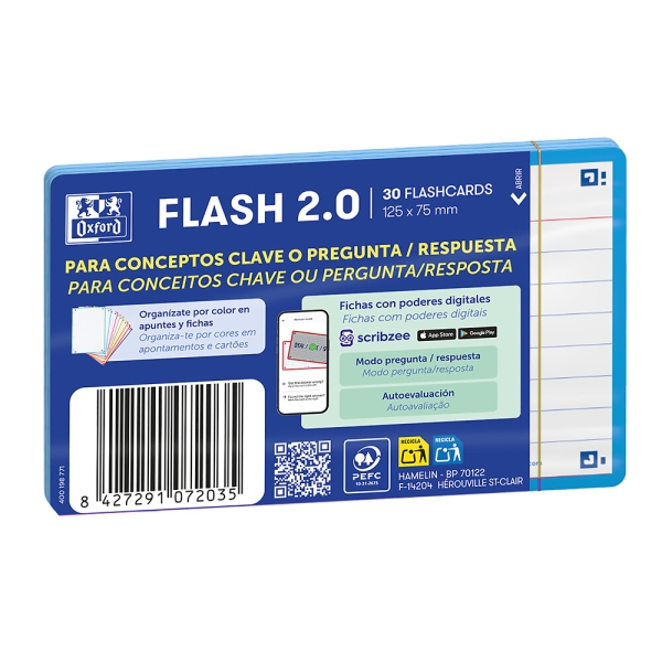 Oxford Pack de 30 FlashCards 2.0 - Formato A7 - Rayado Horizontal 1 Linea - Cartulina de 250g - Digitalizacion de Textos con App - Color Turquesa