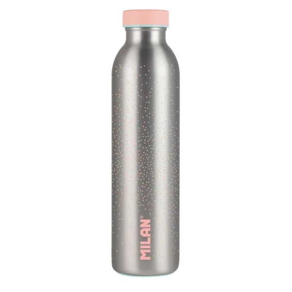 Milan Serie Silver Botella Isotermica 0.59L - Doble Pared de Acero Inoxidable - Liquidos Calientes hasta 12h, Frios hasta 24h - Color Plata/Rosa