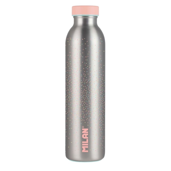 Milan Serie Silver Botella Isotermica 0.59L - Doble Pared de Acero Inoxidable - Liquidos Calientes hasta 12h, Frios hasta 24h - Color Plata/Rosa