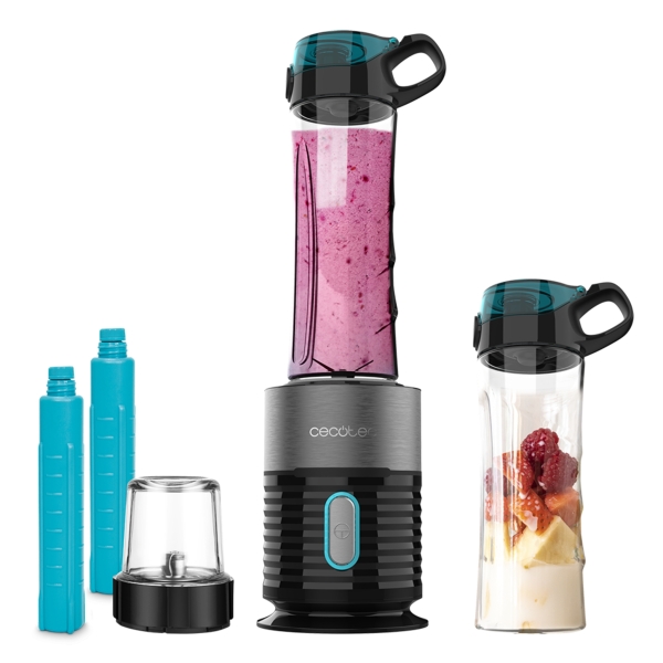 Cecotec Power Titanium Fresh and Go Batidora de Vaso - 650W - 2 Vasos de 600ml - Tubos Refrigeradores Incluidos - 4 Cuchillas Recubiertas de Titanio - Picahielos - Color Negro y Gris