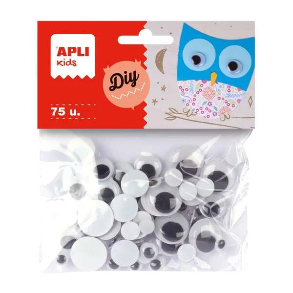 Apli Pack de 75 Ojos Moviles Redondos - Medidas Surtidas Ø 8 mm, Ø 10 mm, Ø 16 mm y Ø 20 mm - Color Negro